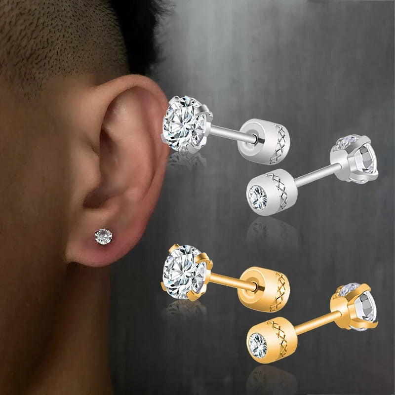 2 Piece Medical Stainless Steel Crystal Zircon Ear Studs | Hypoallergenic Tragus Cartilage Screw Piercing Jewelry