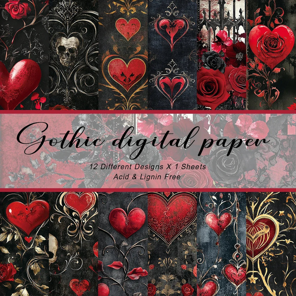 12pcs Gothic Love Themes Decor Paper | Valentine's Day Gift Wrapping & Scrapbooking Supplies