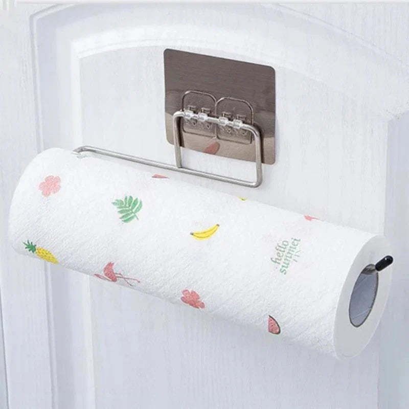 1/4 Of The Kitchen Wall Hanging Paper Towel Rack, Perforation-Free Dish Cloth, Plastic Wrap Stainless Steel Organizer Hooks
