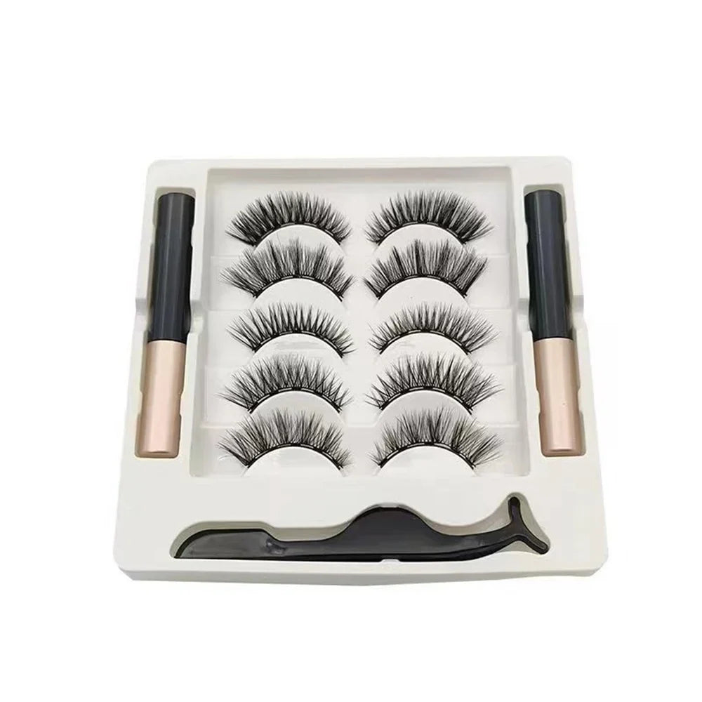5 Pairs Magnetic Eyelashes Set with Eyeliner and Tweezers | 3D Natural False Lashes