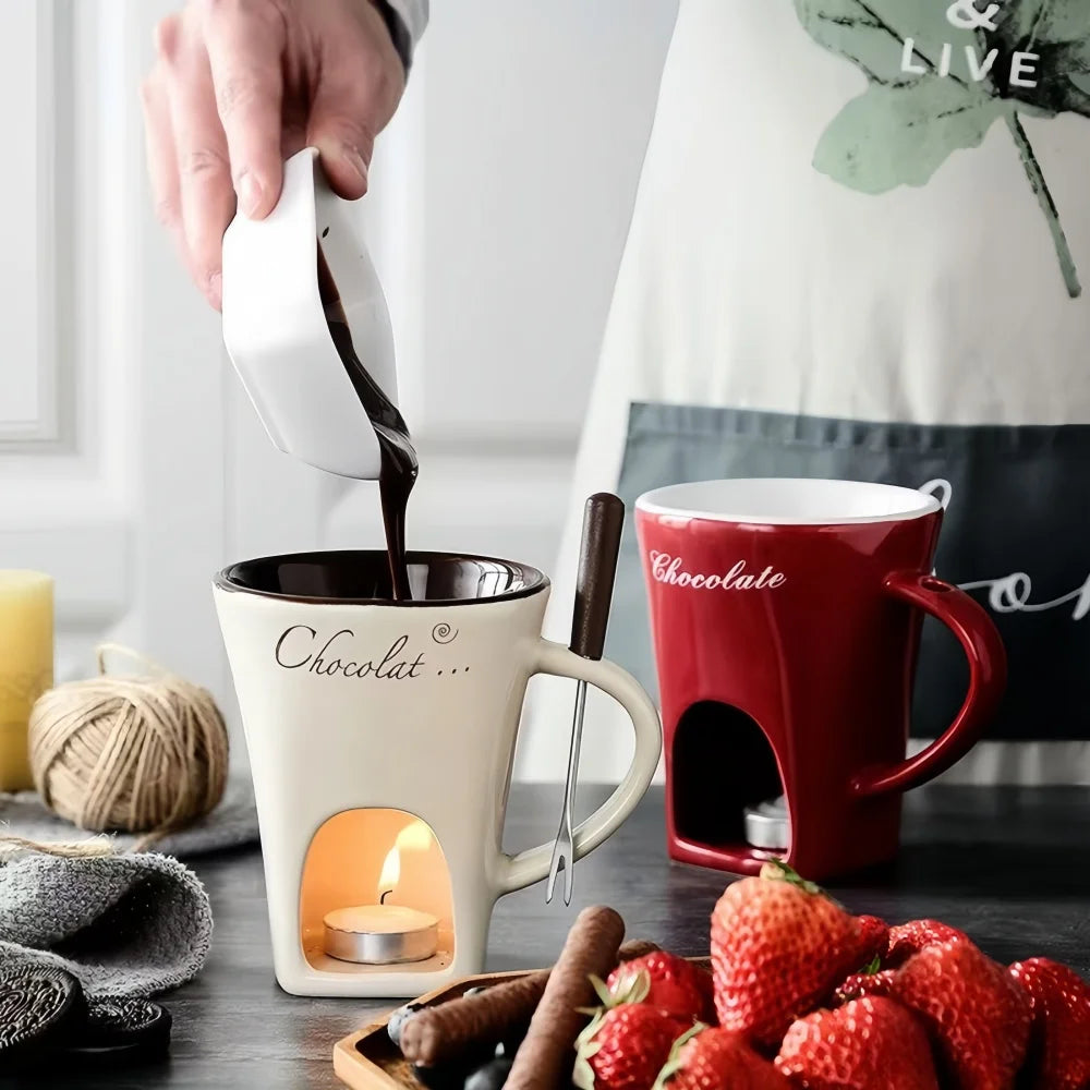 Reusable Heat Safe Ceramic Chocolate Fondue Warmer Bowl Set for Ice Cream Cheese Valentine Gift with Fork Candle Not Included