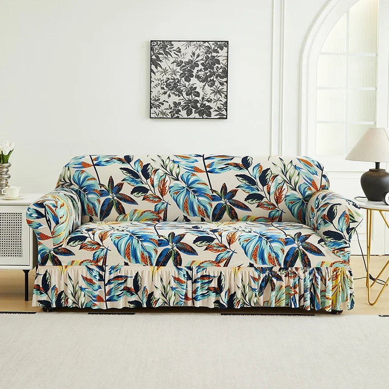 1 PC Printed sofa cover with skirt high elasticity soft hand feel pet stain resistant decorative sofa