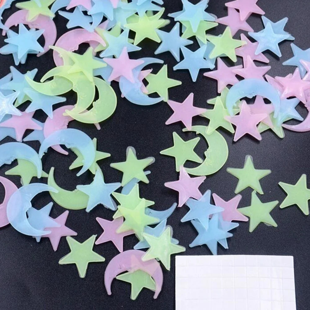 100pcs Glow in The Dark Moon and Star Stickers | Luminous Wall Ceiling Decor for Kids Room
