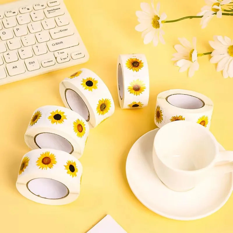 Sunflower Stickers Roll for Packaging and Decor | 100-500 Pcs