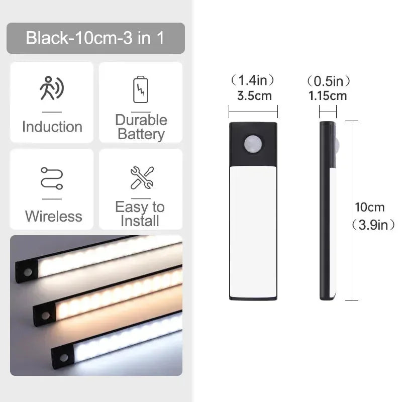 10-60cm Ultra-Thin Motion Sensor Light Magnetic Mount USB Rechargeable 3-Color Adjustment Under Cabinet Light for Home Office