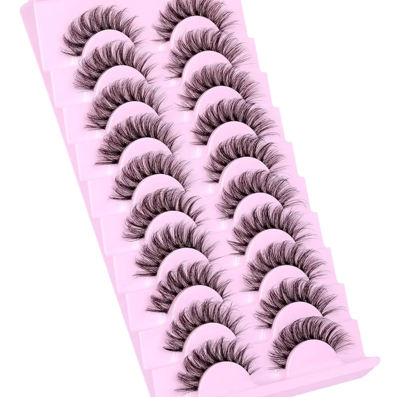 10 Pairs Natural Fluffy False Eyelashes | Wispy 3D Volume Strip Lashes with Clear Band