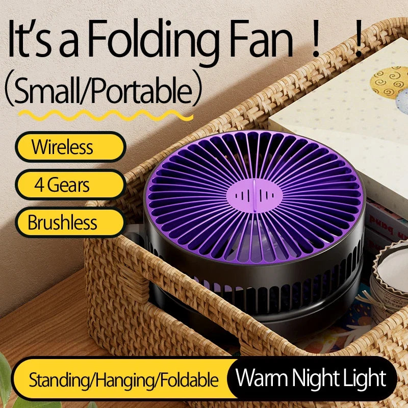 2024 New 3IN1 5000mAh Rechargeable Portable Desktop Fan Wall Mounted Fan 90° Folding USB Fan 4 Gears With Warm Night Light
