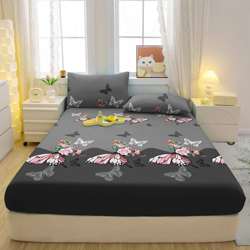1 Simple Modern Plant Flower Butterfly Printed Matte Fitted Sheet, Bedroom Printed Bed Cover, Bedding (Excluding Pillowcases)