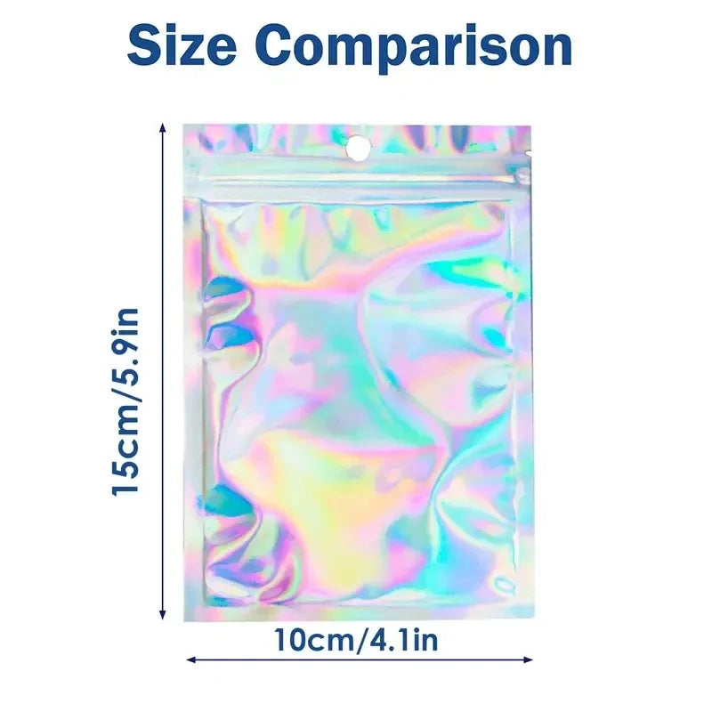 100pcs Holographic PP Poly Bags with Self-Sealing Strip, Reusable Jewelry and Phone Case Packaging Pouches