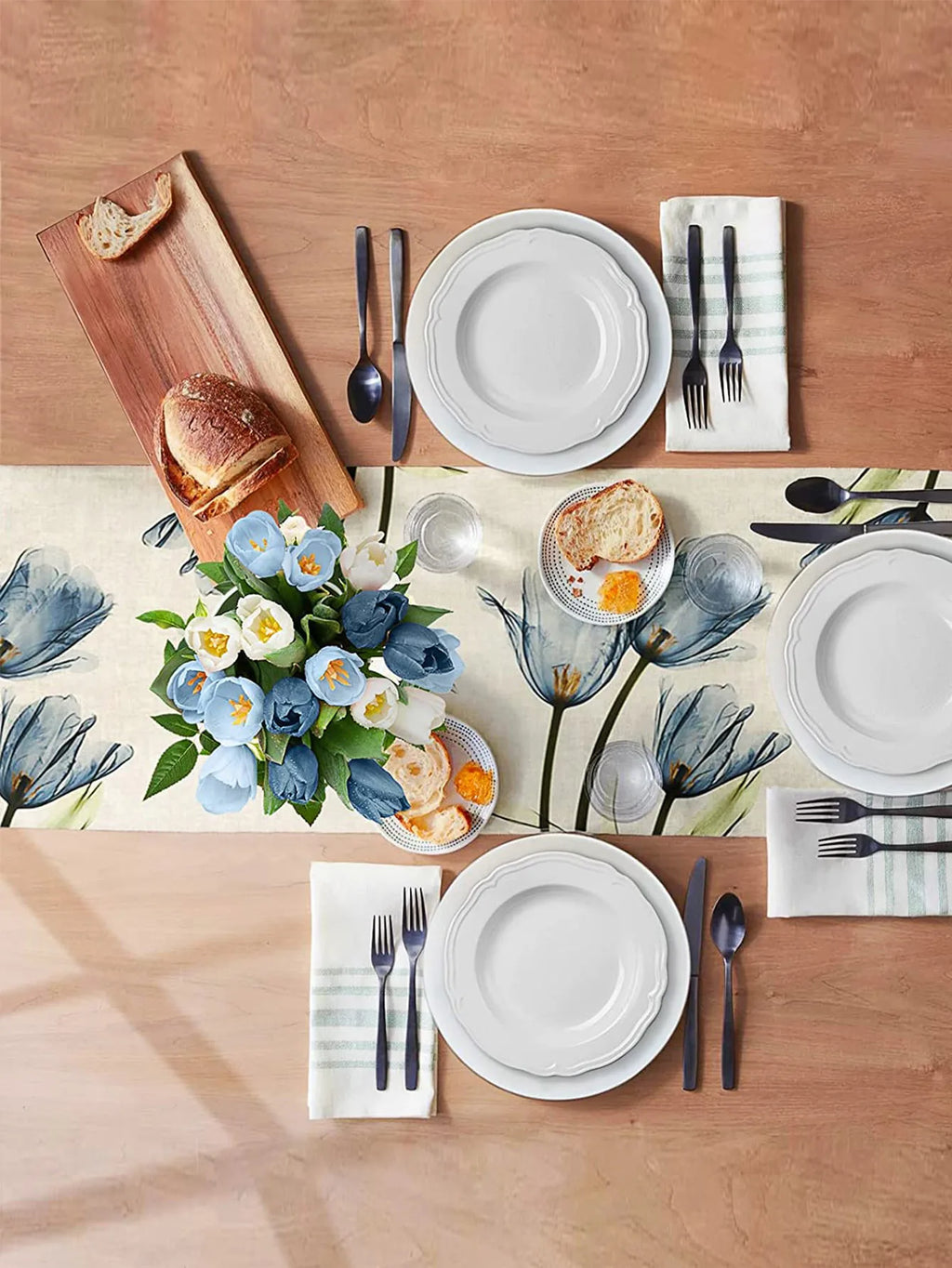 1pc Blue&Orange Tulip Linen Table Rustic Farmhouse Style Table Runner 13 x 72Inch, Kitchen Dining Table Decoration