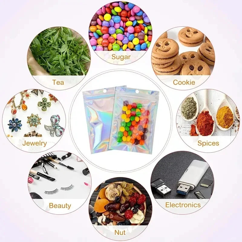 100pcs Holographic PP Poly Bags with Self-Sealing Strip, Reusable Jewelry and Phone Case Packaging Pouches