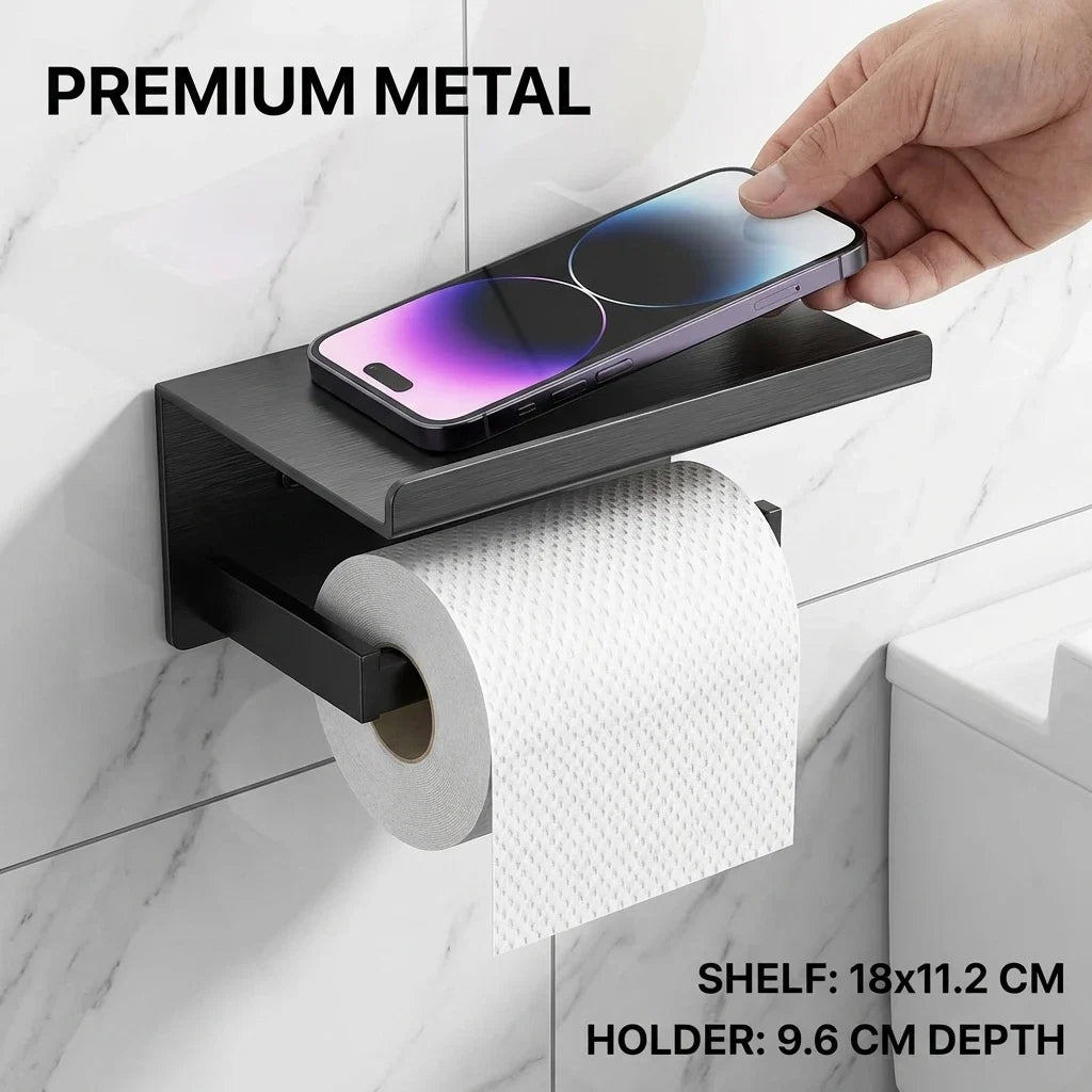 1 Pack Wall-Mounted No-Drill Toilet Paper Holder with Shelf Phone Holder Bathroom Tissue Roll Dispenser Polypropylene Material