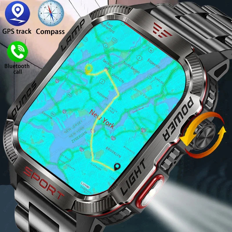 2026 New LED flashlight Military Smart Watch Men IP68 GPS Outdoor Sports Fitness Tracker Health Monitor 2.01" BT Call Smartwatch