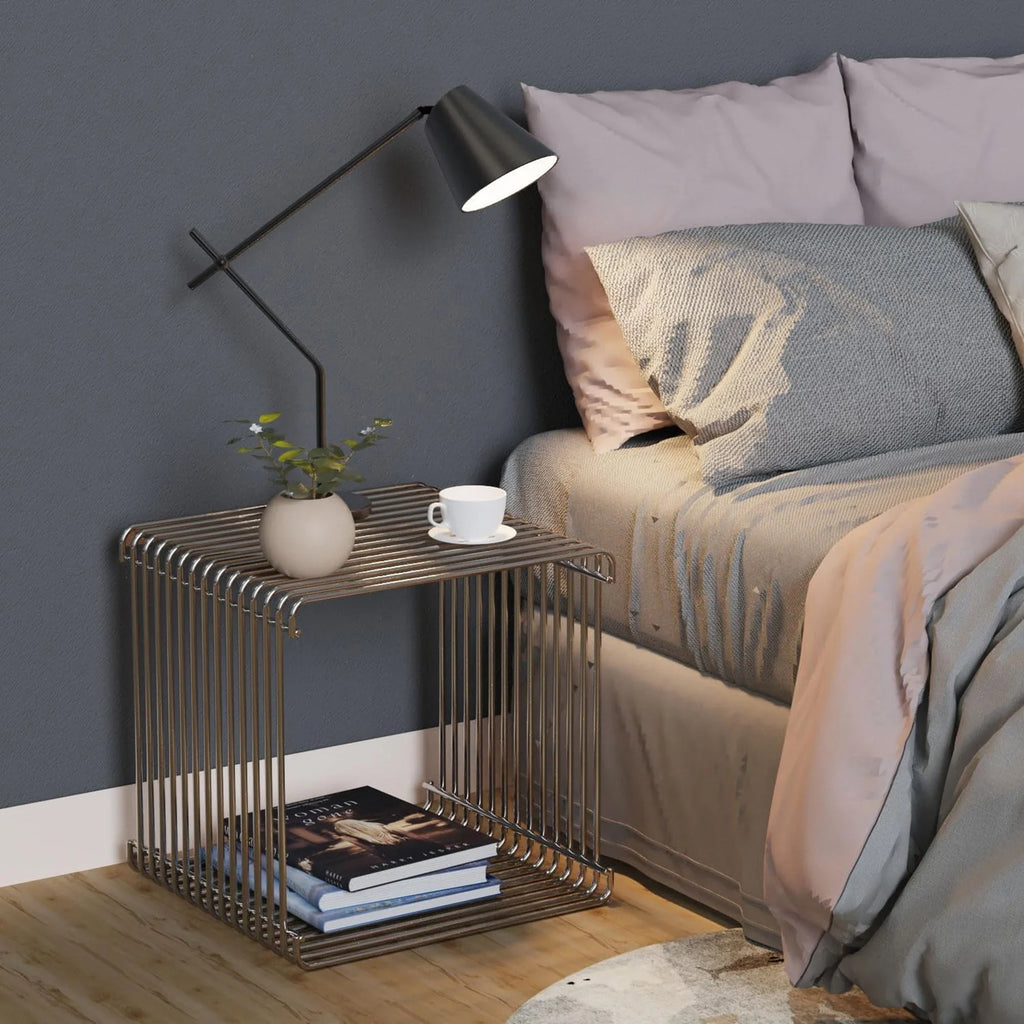 Side Table with Metal Frame, Modern Minimalist End Table, Space-Saving Bedside Table, Nightstand Suitable for Bedroom
