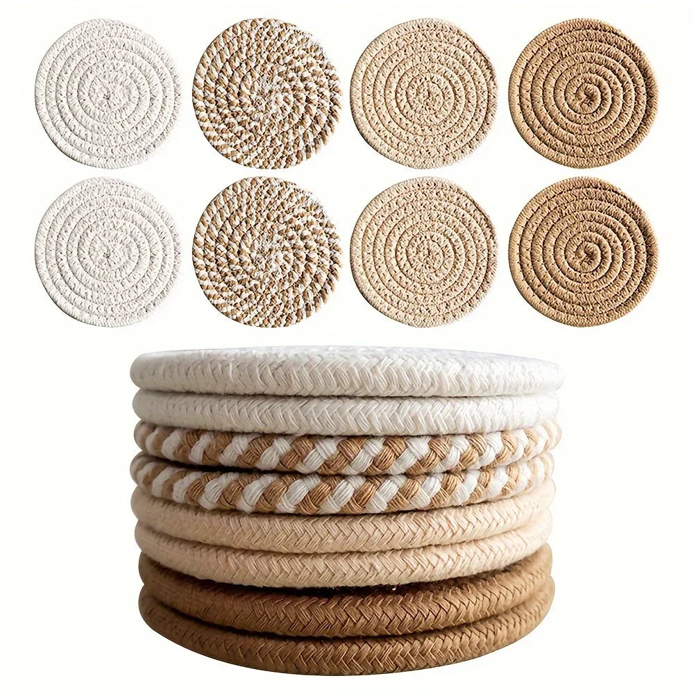 4pcs Woven Absorbent Coaster Set High-Temperature Resistant Cup Pad for Coffee Tea Drinks