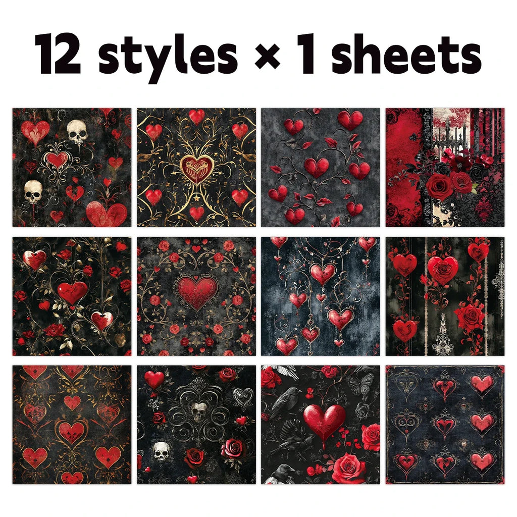 12pcs Gothic Love Themes Decor Paper | Valentine's Day Gift Wrapping & Scrapbooking Supplies