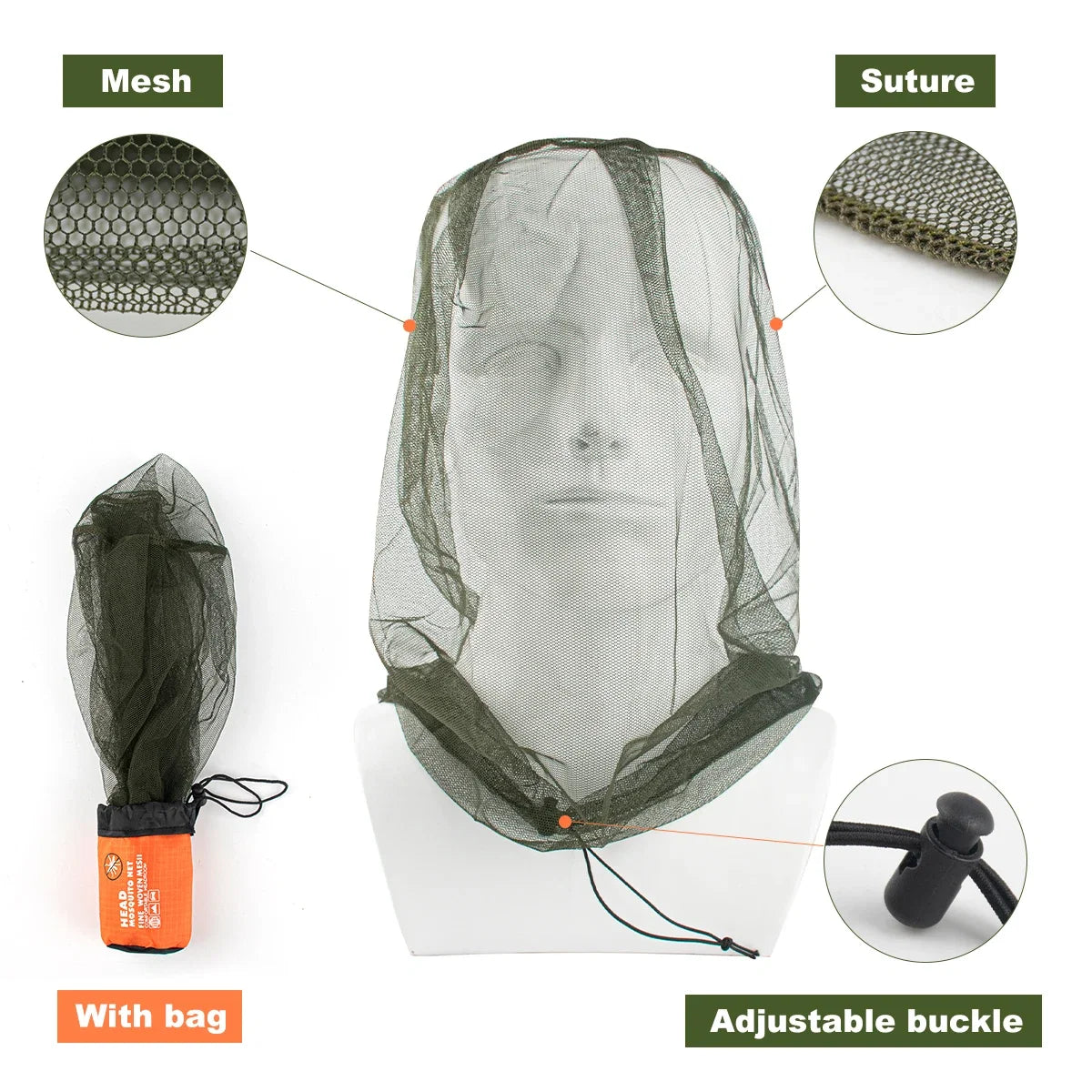 1Pc Ultra Large & Long Extra Fine Holes Mesh Soft Durable Fly Screen Premium Mosquito Insect Head Net Face Protector Camping Cap
