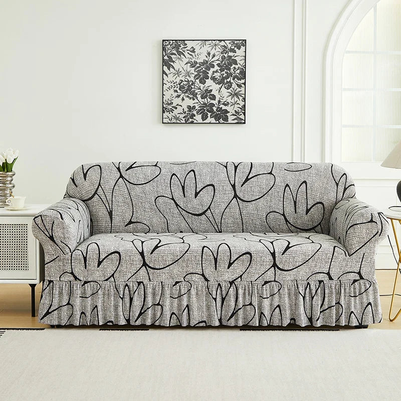 1 PC Printed sofa cover with skirt high elasticity soft hand feel pet stain resistant decorative sofa