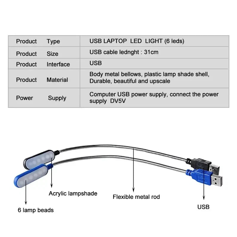 HOMEFISH 1PC Mini USB LED Light Book Light Flexible Reading Lamp Portable Night Light For Power Bank Laptop Notebook PC Computer