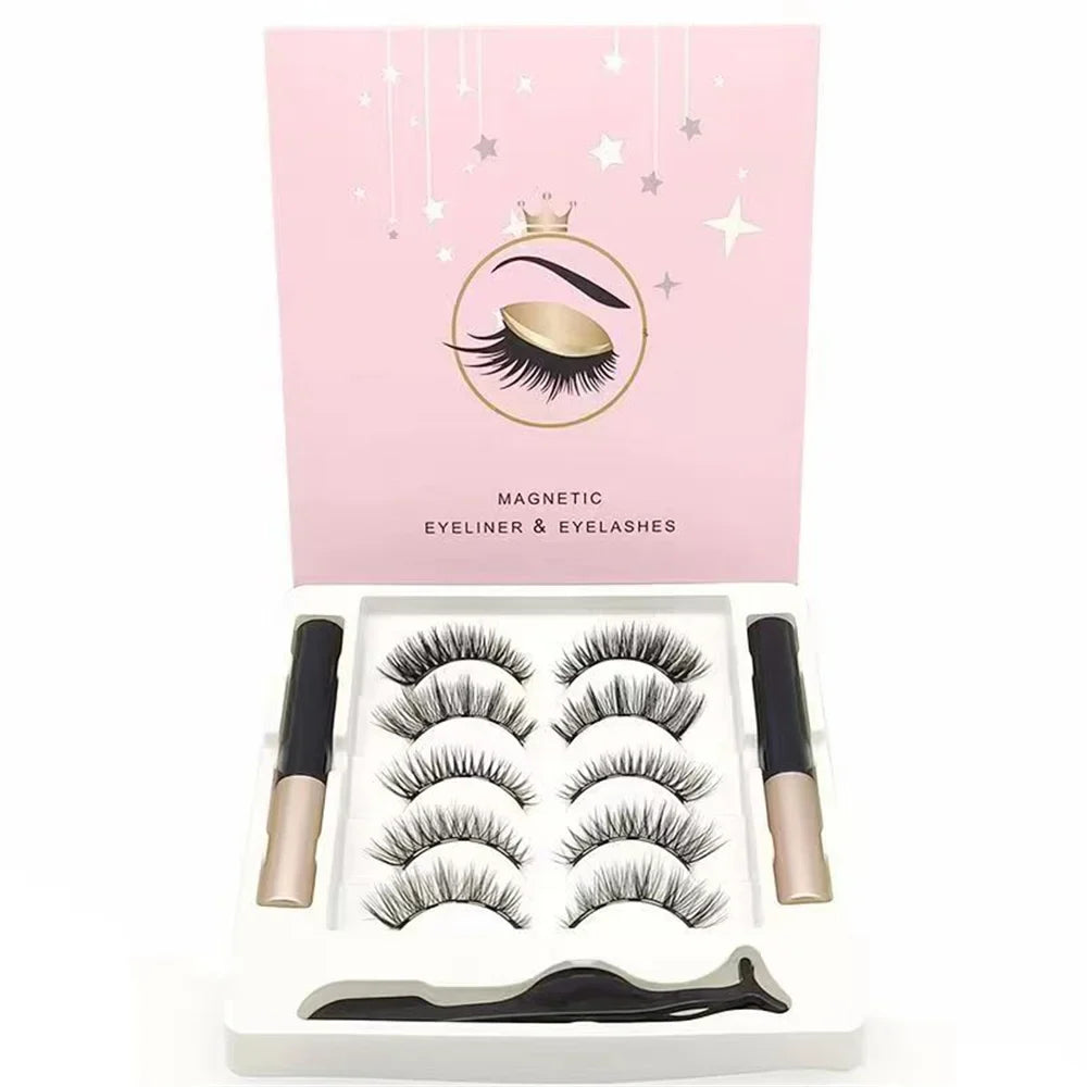 5 Pairs Magnetic Eyelashes Set with Eyeliner and Tweezers | 3D Natural False Lashes