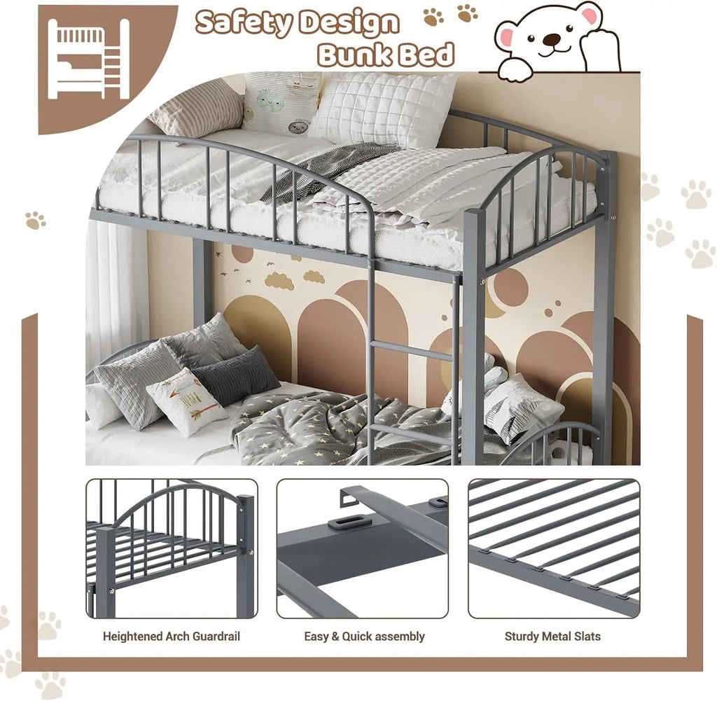 Metal Loft Bed Bunk Beds Twin Over Full Size with Heightened Safety Guardrail & Ladder, for School, Bedroom, Twin Size Grey