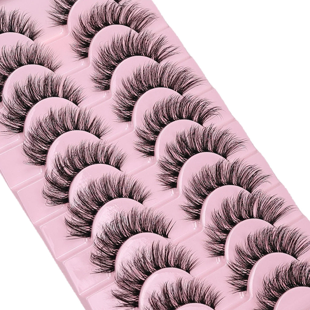 10 Pairs Natural Fluffy False Eyelashes Wispy Lashes | 3D Volume Strip Lashes D Curl Fake Eyelashes with Clear Band