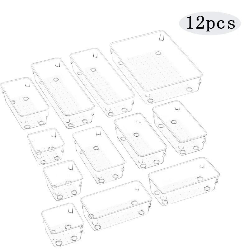 10-Piece Versatile Drawer Organizer Set - Clear Plastic Trays and Dividers in 4 Sizes for Perfect Makeup and Kitchen Storage