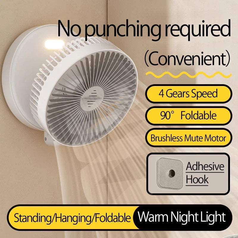 2024 New Style 5000mAh Small Portable Fan Rechargeable Wall Mounted Fan 90° Foldable Desktop Fan 4 Gears With Warm Night Light