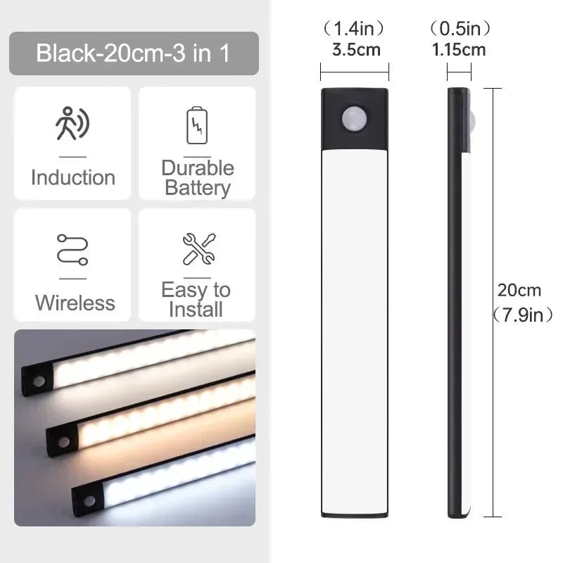 10-60cm Ultra-Thin Motion Sensor Light Magnetic Mount USB Rechargeable 3-Color Adjustment Under Cabinet Light for Home Office