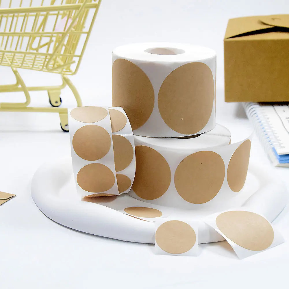 Kraft Self-Adhesive Label Paper Stickers | 500pcs Round Roll for Organization