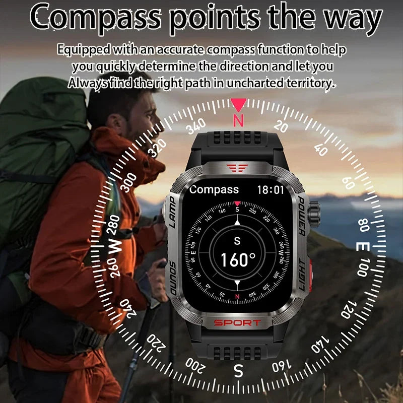2026 New LED flashlight Military Smart Watch Men IP68 GPS Outdoor Sports Fitness Tracker Health Monitor 2.01" BT Call Smartwatch