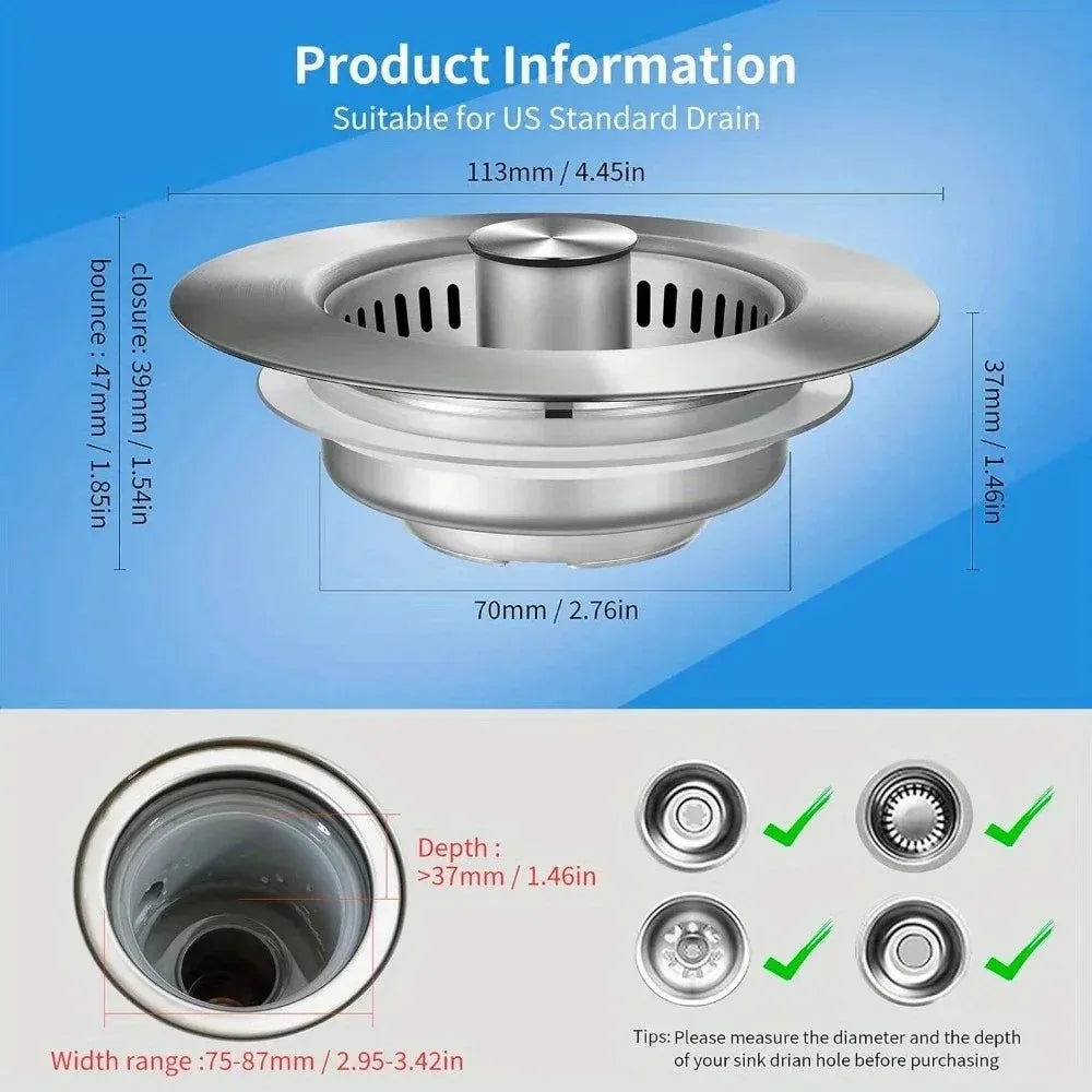 3-in-1 Sink Strainer – Pop-Up Stopper with Anti-Clog Basket and Odor Filter
