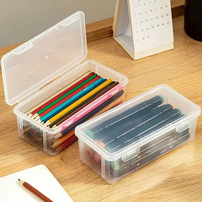 1pc Transparent Plastic Pencil Box School Office Supplies Pens Markers Erasers Tape Stickers Beads Storage Organizer Box