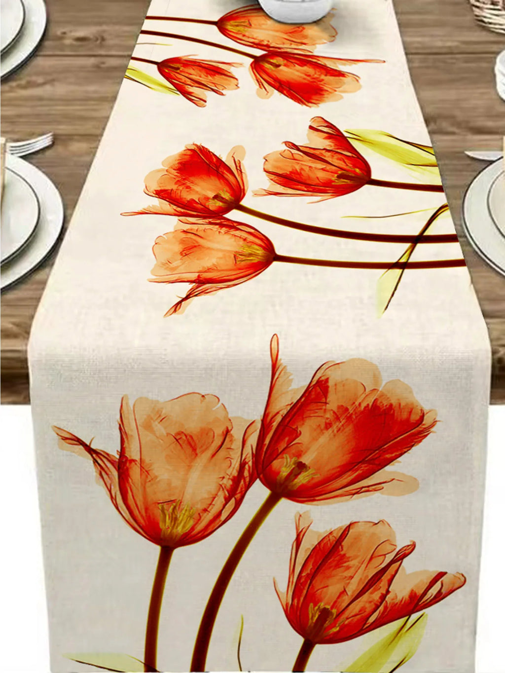 1pc Blue&Orange Tulip Linen Table Rustic Farmhouse Style Table Runner 13 x 72Inch, Kitchen Dining Table Decoration