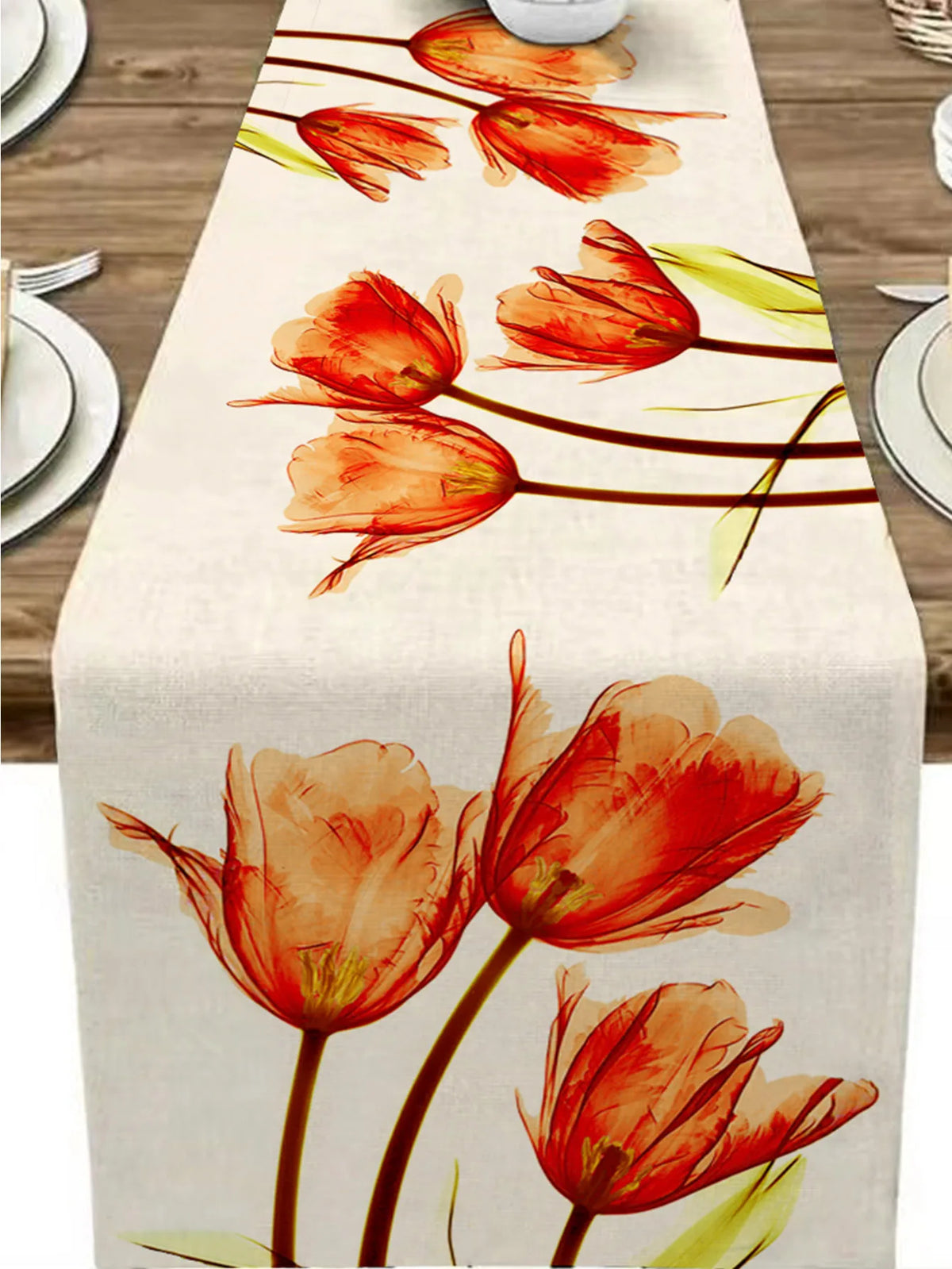 1pc Blue&Orange Tulip Linen Table Rustic Farmhouse Style Table Runner 13 x 72Inch, Kitchen Dining Table Decoration