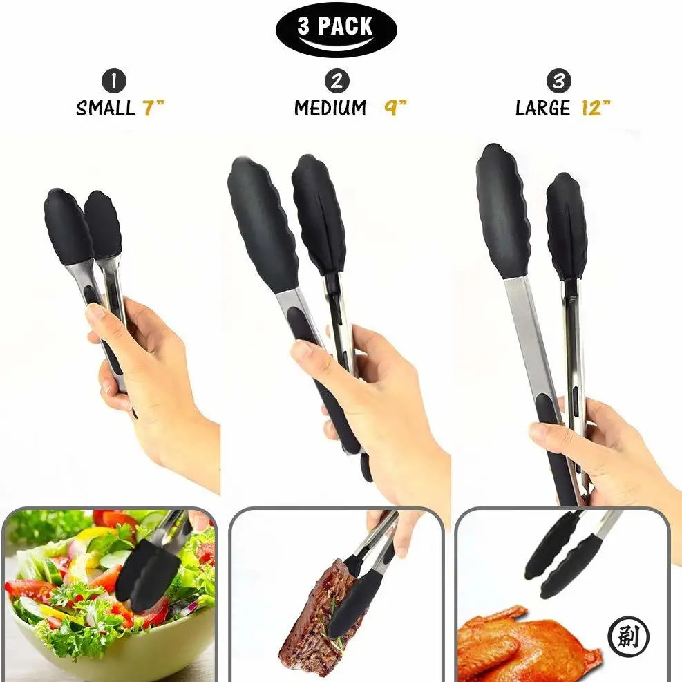 Choose Your Perfect Tongs: 7" (Precise) / 9" (All-Purpose) / 12" (BBQ) - All with Silicone Tips & Lock
