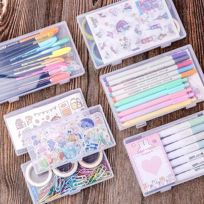 1pc Transparent Plastic Pencil Box School Office Supplies Pens Markers Erasers Tape Stickers Beads Storage Organizer Box