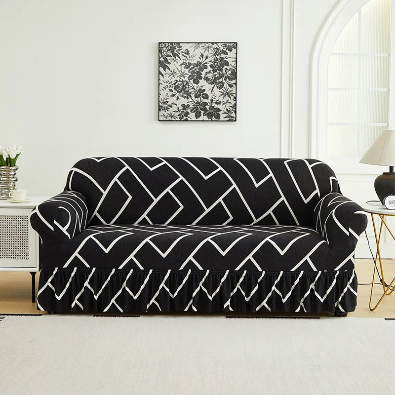1 PC Printed sofa cover with skirt high elasticity soft hand feel pet stain resistant decorative sofa