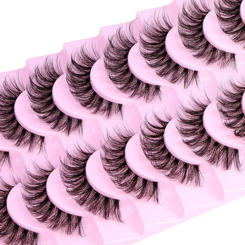 10 Pairs Natural Fluffy False Eyelashes | Wispy 3D Volume Strip Lashes with Clear Band