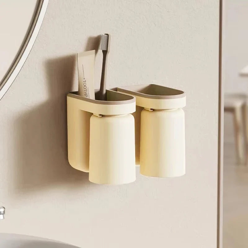 1 Pc Innovative Toothbrush Storage Rack No Hole Light Luxury Mouthwash Cup Brush Cup Wall Mounted Bathroom Organizer Couple