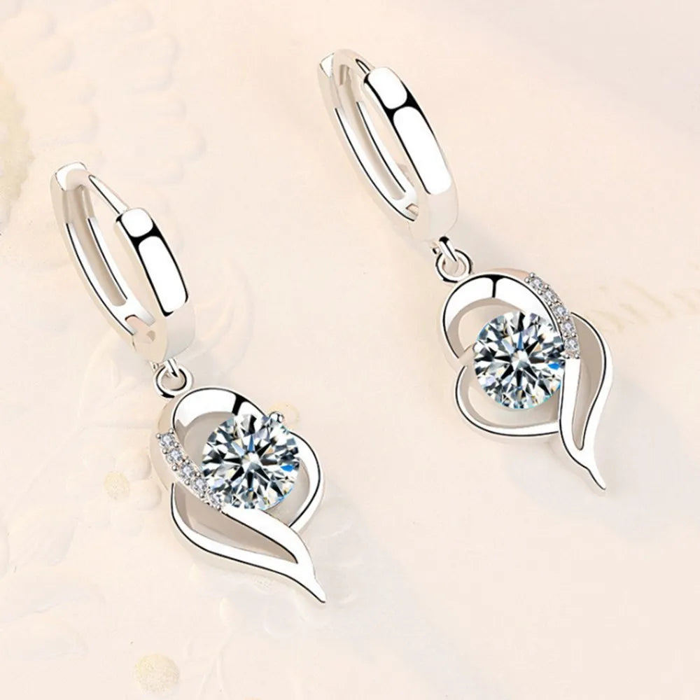925 Sterling Silver Crystal Zircon Drop Earrings | Heart-Shaped Fashion Jewelry for Women