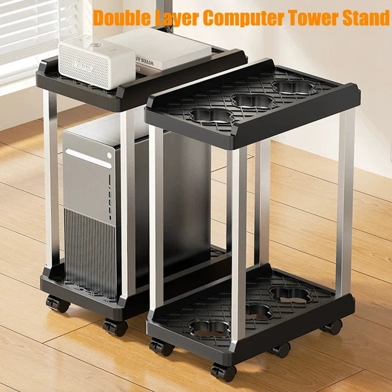 Double Layer Computer Tower Stand Mobile Base with Universal Wheels Simple Storage Heightening Case Support Bracket PC CPU Stand