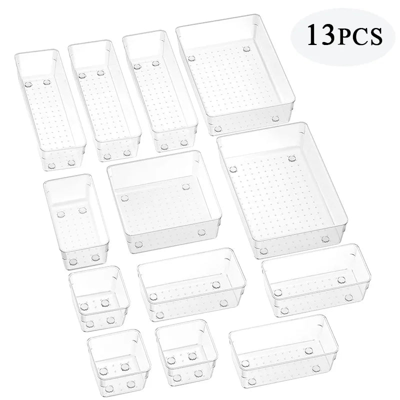 10-Piece Versatile Drawer Organizer Set - Clear Plastic Trays and Dividers in 4 Sizes for Perfect Makeup and Kitchen Storage