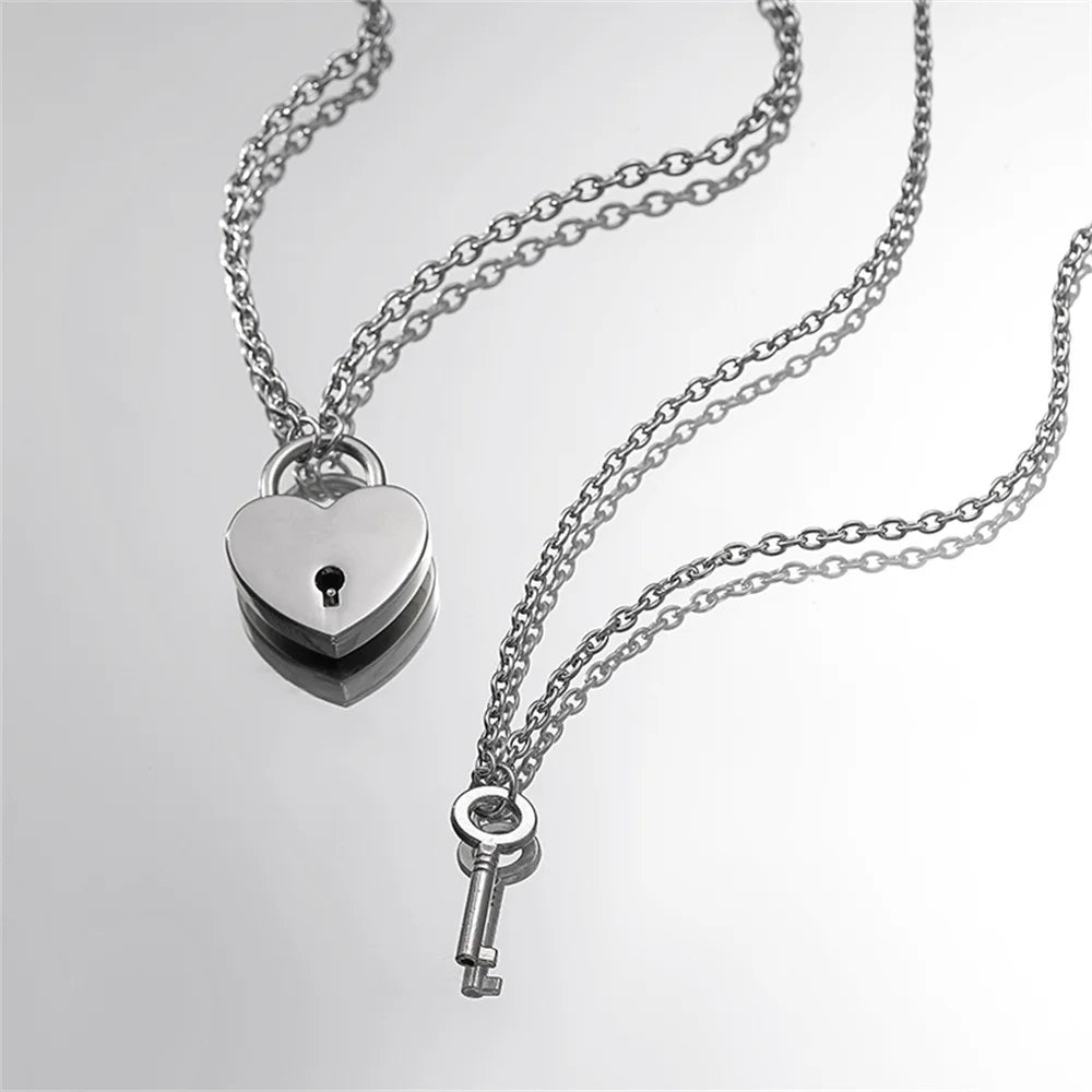 Romantic Couple Key and Heart Pendant Necklace Set | Stainless Steel Lovers Jewelry Gift