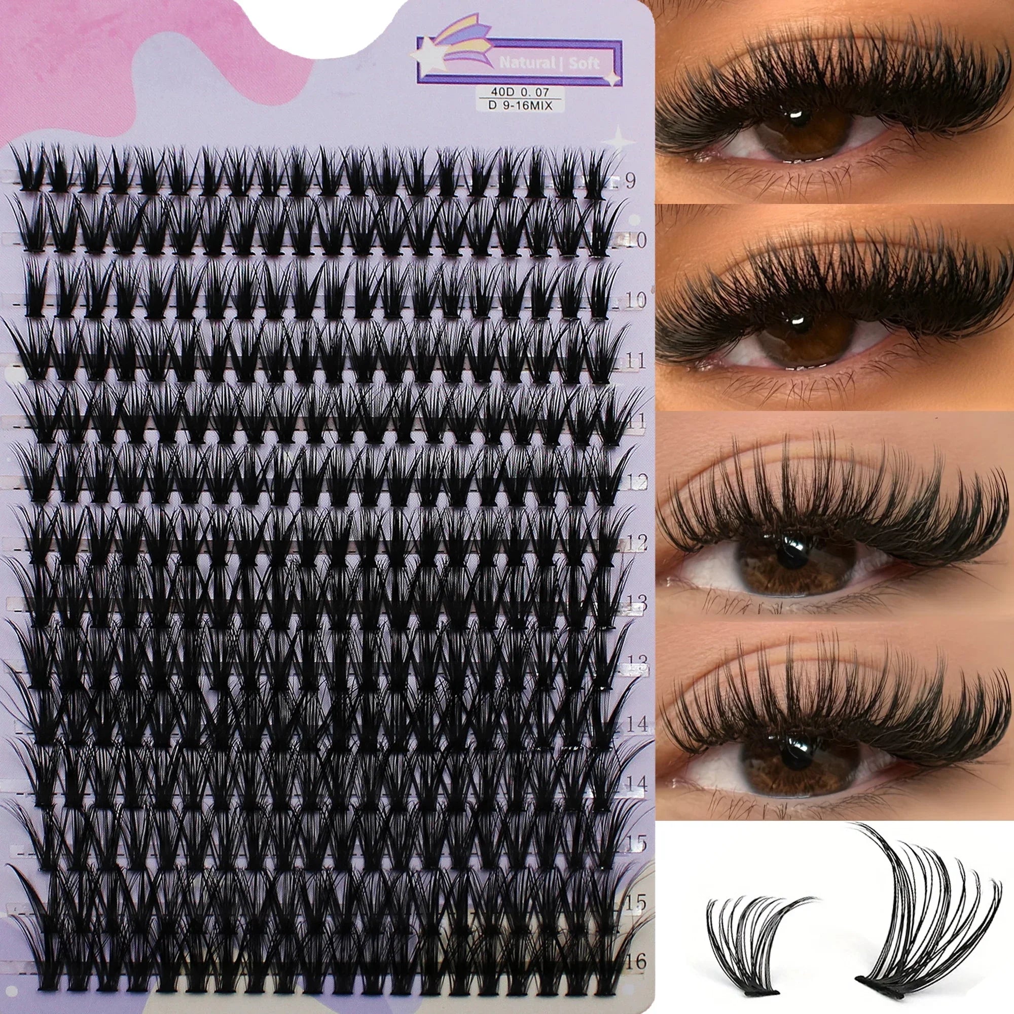 14 Rows 280 Clusters 40D Mix 9-16mm Cluster Lashes Extension | Natural Thick Strip Lashes