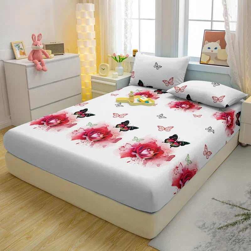 1 Simple Modern Plant Flower Butterfly Printed Matte Fitted Sheet, Bedroom Printed Bed Cover, Bedding (Excluding Pillowcases)