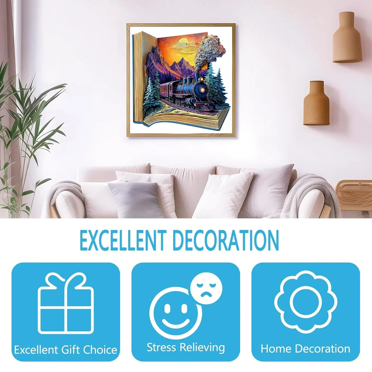 Wooden Puzzle for Adults -The train in the book Puzzle, Unique Shape Wooden Jigsaw Puzzles, Modern Art Home Decor