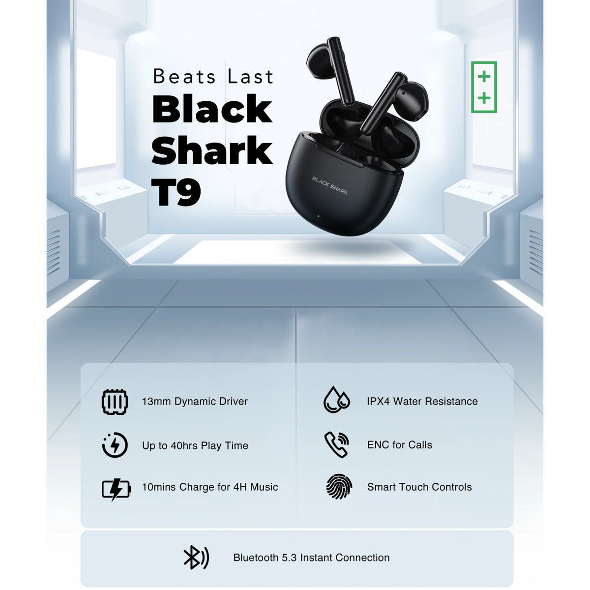 Black Shark Lucifer T9 Wireless Earphones, TWS Bluetooth 5.3 Gaming Earbuds, 40h Playback 13mm Dynamic Driver IPX4 Waterproof
