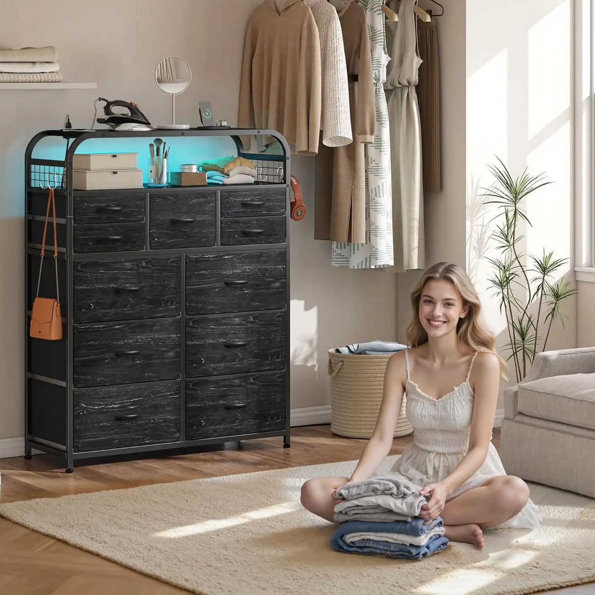 47" H Dressers & Chests of Drawers with LED Lights & Charging Station, Dresser for Bedroom with 11 Fabric Drawers & 4 Hooks