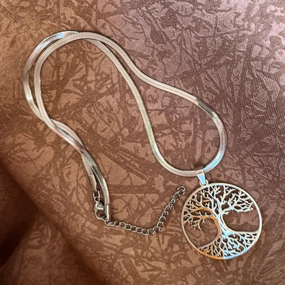 Tree of Life Pendant Necklace | Stainless Steel Snake Chain Choker for Men and Women